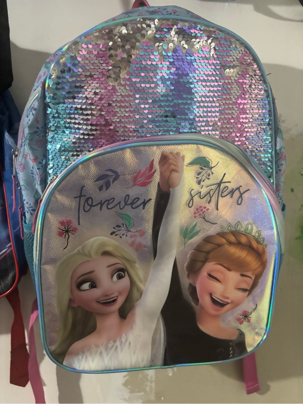Disney Kids Backpack - Iridescent Pink & Blue Sequin Forever Sisters